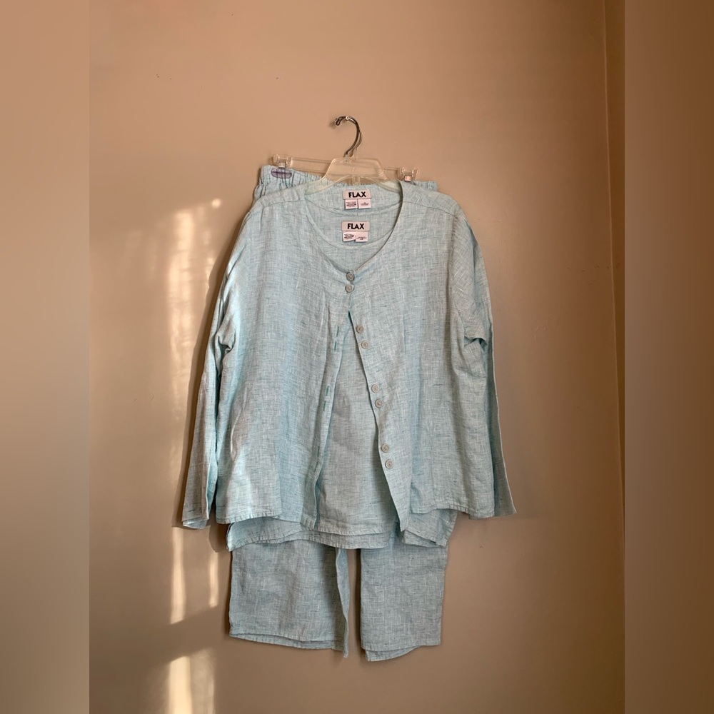 Flax Light Blue Linen Button Cardigan Set